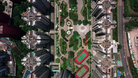 aerial overhead view of city with buildings and streets in kowloon, hong kong