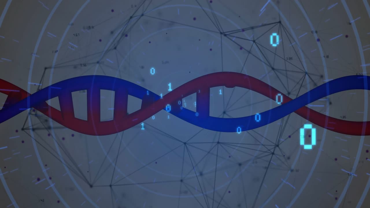 Entering red blue ribbons twisting into helix, cyan digits drifting, grid shifting showing data