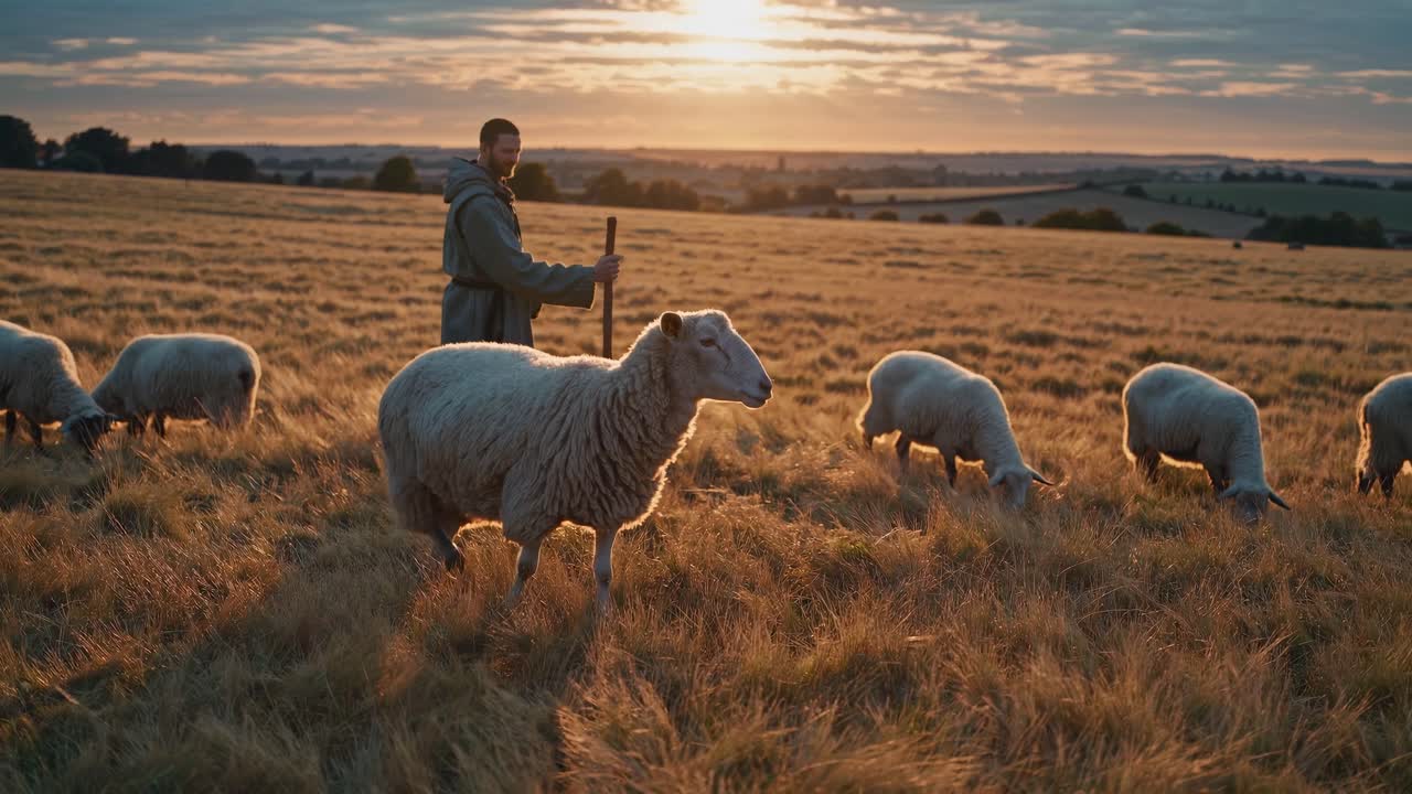 A shepherd tends to sheep in a sunlit field at sunset. Low-angle video captures the serene rural