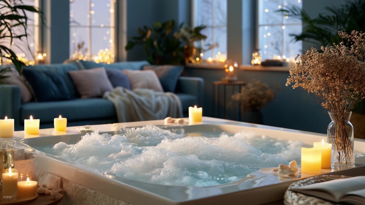 Ritiro spa rilassante: Una scena accogliente con vasca da bagno, bolle, candele e illuminazione ambientale per una serata perfetta di tranquillità e cura di sé.