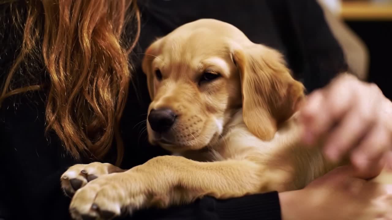 A Heartwarming Moment: A Golden Retriever Puppy Snuggles Comfortably in Its Owner's Embrace, Showcasing Unconditional Love and Tender Care