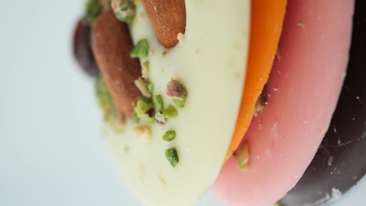 Close-up of colorful chocolate with almonds