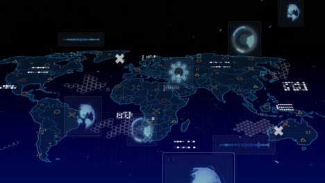 Animación-De-Escáneres-Redondos-Y-Procesamiento-De-Datos-Sobre-El-Mapa-Mundial-Sobre-Fondo-Negro