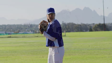 baseball player pitching on field, overlaying animated sports analytics chart with speed metrics