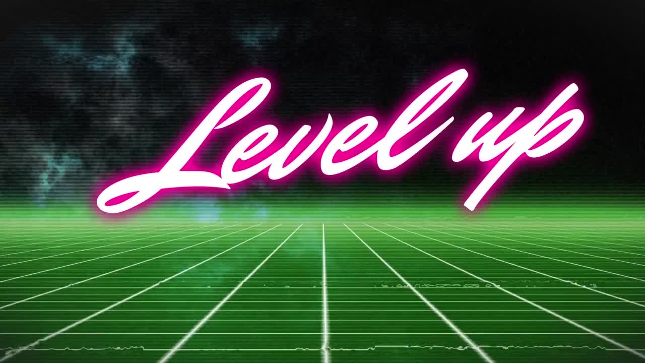 검은색 배경에  ⁇ 색 선 위에 레벨 업 텍스트의 애니메이션