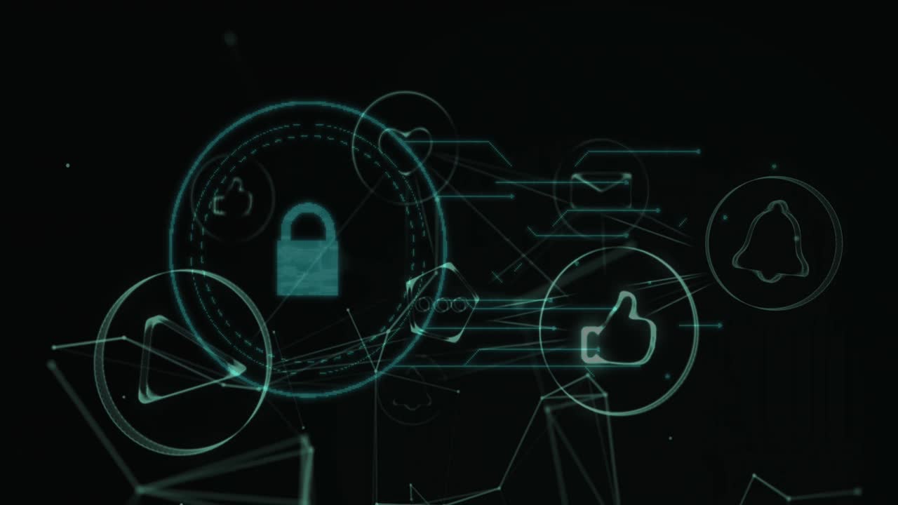 Network of digital icons and security padlock against black background