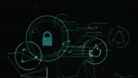 network of digital icons and security padlock against black background