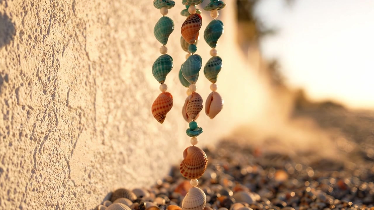 Una bellissima giostrina decorativa di conchiglie appesa a una parete texturizzata con una morbida luce dorata che illumina l'oggetto artigianale ispirato all'oceano al tramonto.