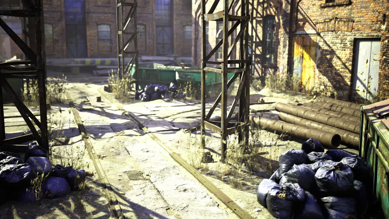 Urban decay captured in an abandoned industrial area with overgrown vegetation