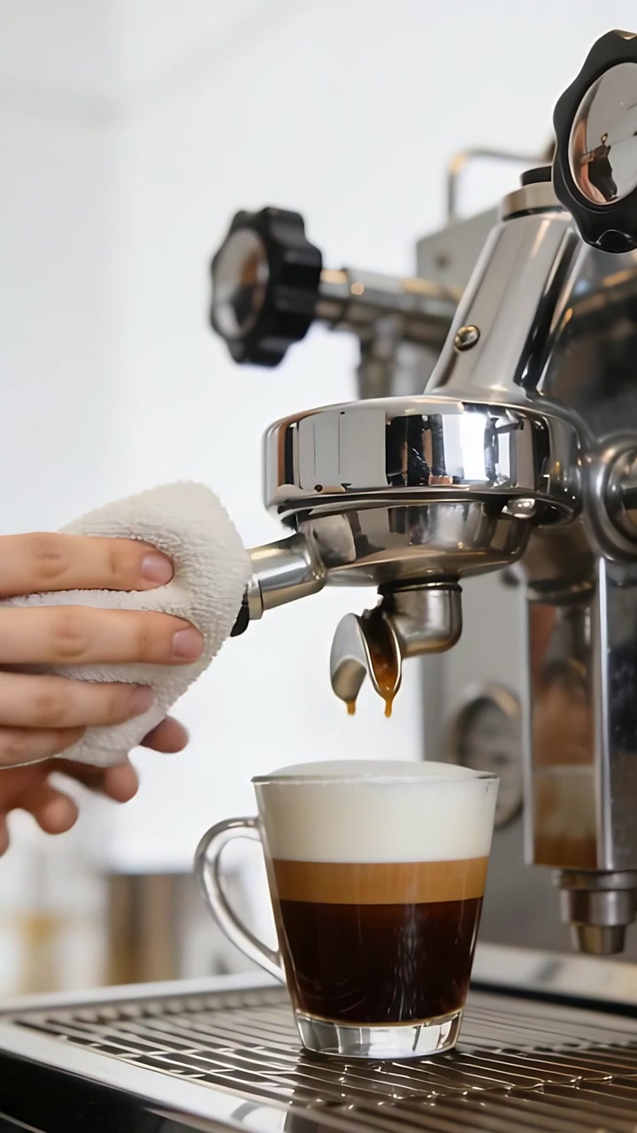 Video verticale: Inizio dell'estrazione, mano che pulisce il gruppo, estrazione del portafiltro per riempire la tazza sul bancone.