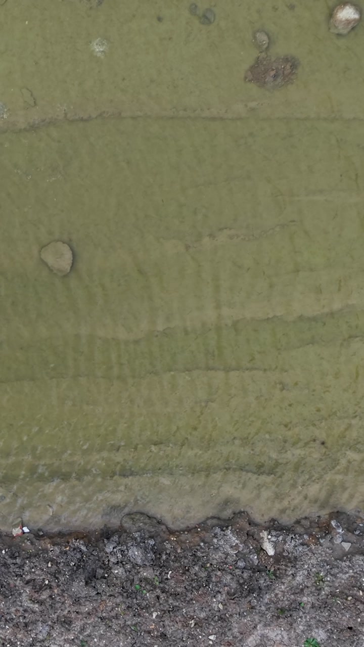 Panshanger quarry standing water seen from above as vertical vertical drone ascends, revealing wind-driven ripples, muddy shoreline, gravel textures, and quarry ground patterns in natural light.