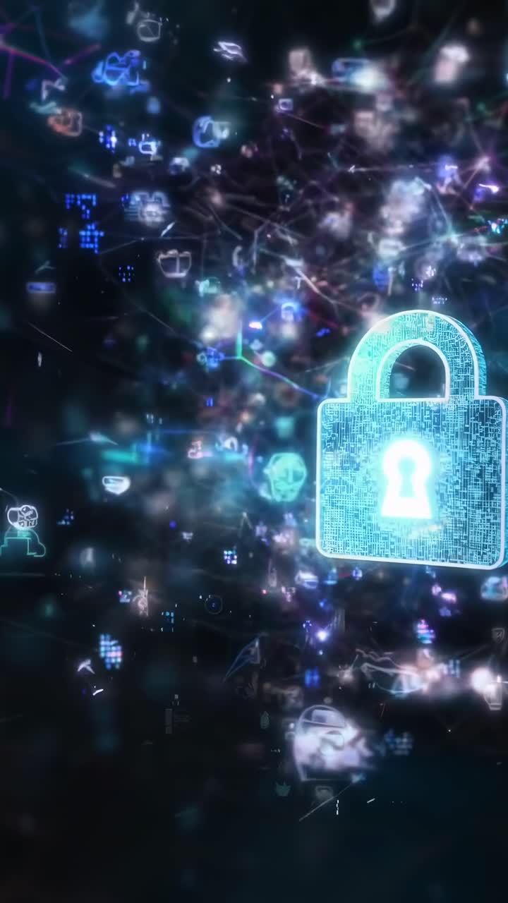 Futuristic video concept with a digital lock, top-down angle, glowing network icons