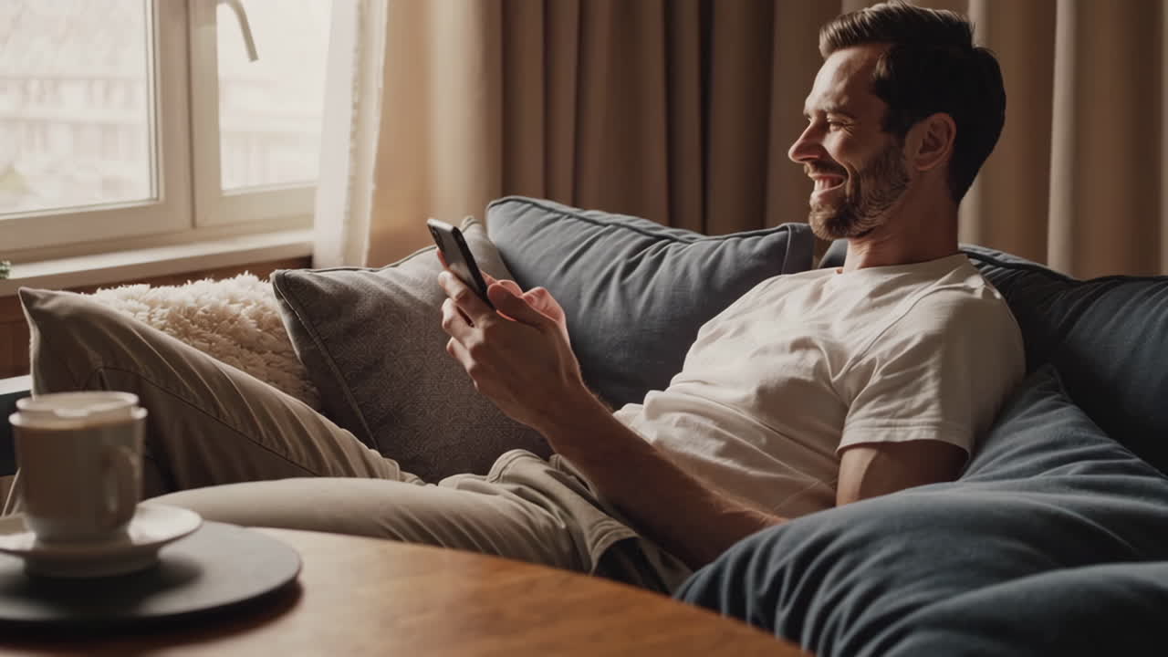 hombre relajándose en un sofá usando un teléfono inteligente
