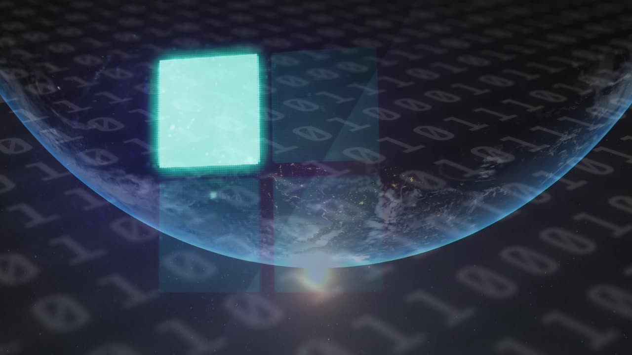 Animation of loading squares icon and binary coding over globe