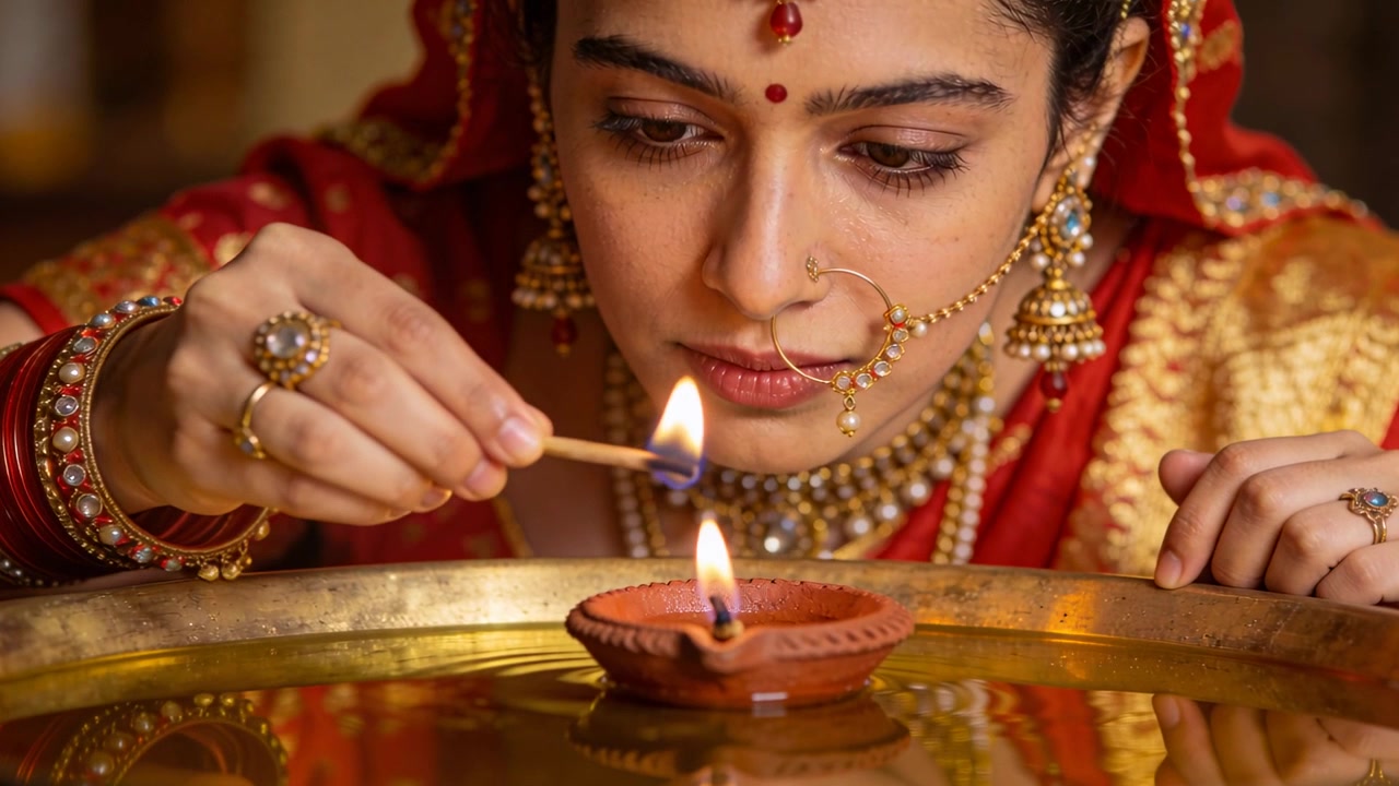Femme en sari allumant une diya en argile avec une allumette sur un plateau en laiton, devant un autel pour un rituel.