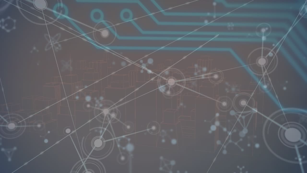Animation of network of connections with icons turning using buildings