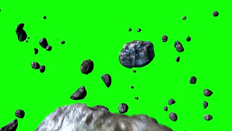 large asteroid rocks flying on green background