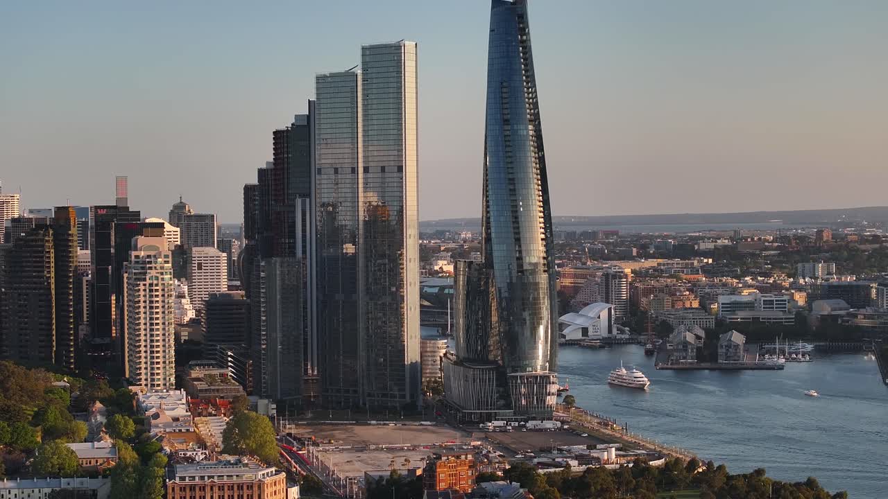 Aerial crane of Crown Towers. Skyscrapers and commercial buildings in Barangaroo, Sydney