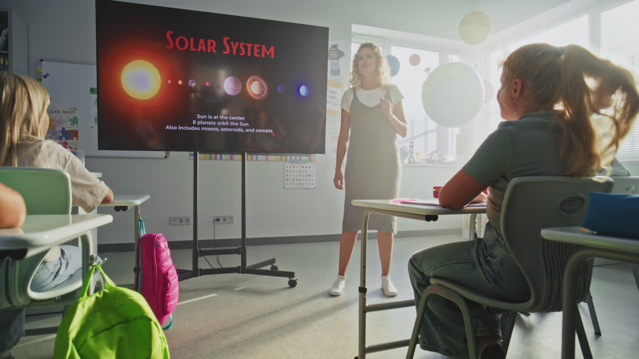 Astronomy Class Female Teacher Explaining Solar System to Primary School Children Using Digital