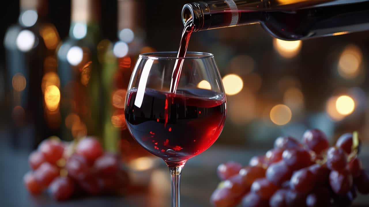 Vino rosso si versa con grazia in un bicchiere. Acini d'uva si raccolgono delicatamente accanto al calice. Luci calde brillano delicatamente sullo sfondo. Il momento appare ricco, lento e intimo. Ideale per romanticismo e lusso.