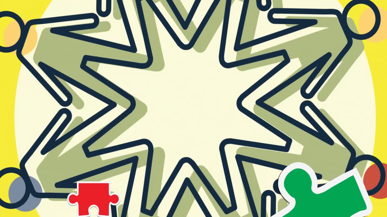 빨간색, 초록색, 파란색 및 노란색 퍼즐 조각의 애니메이션이 손을 잡고 있는 사람들의 아이콘 위에 떨어집니다.