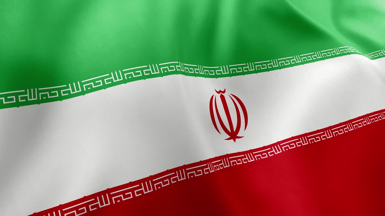 Close up realistic animation of Iranian national flag waving gently. Green, white, red stripes, Takbir script, central emblem. Seamless loop, national pride themes