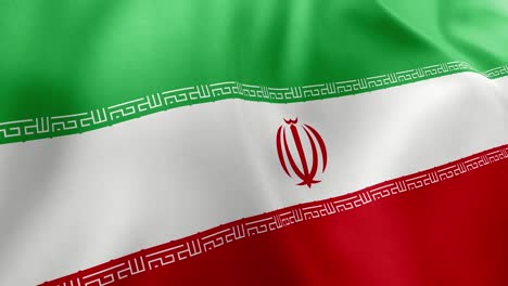 close up realistic animation of iranian national flag waving gently. green, white, red stripes, takbir script, central emblem. seamless loop, national pride themes