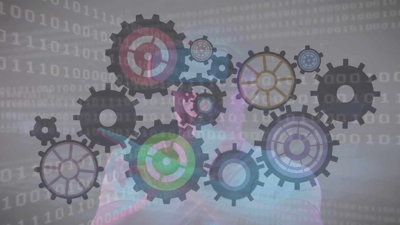 animación de engranajes girando sobre codificación binaria y hombre usando auriculares vr