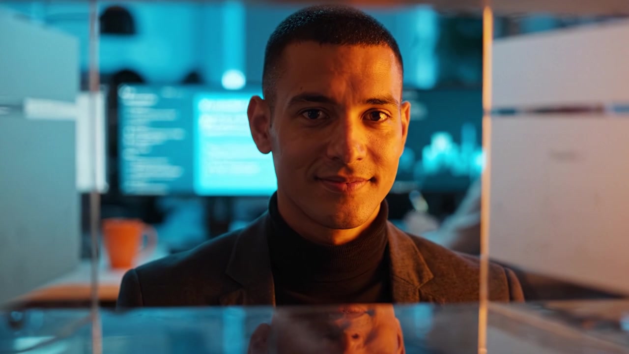 Un uomo fiducioso sorride calorosamente mentre guarda attraverso un pannello trasparente, mostrando uno sfondo di ufficio moderno con illuminazione colorata e vivaci schermi digitali
