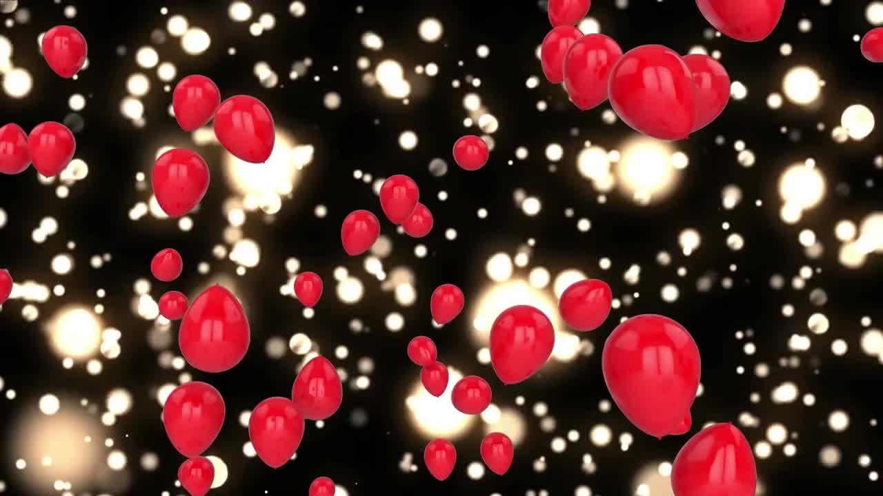 Animación de globos rojos volando sobre luces brillantes