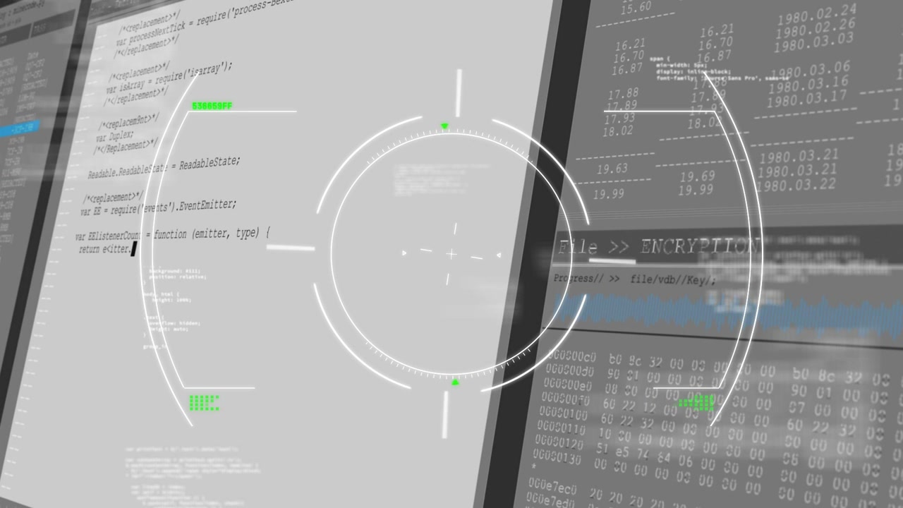 Blinking cursor starting circular HUD locking amid two monitors at workstation scanning ENCRYPTION