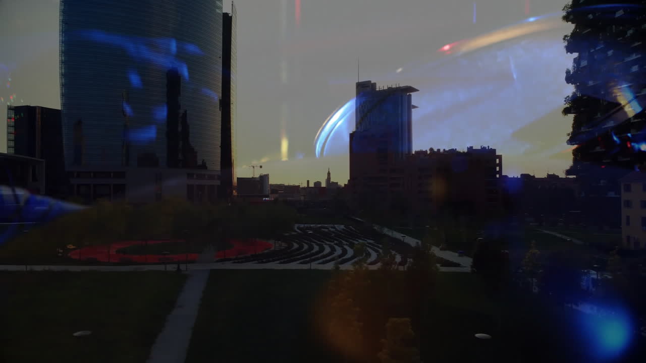 Architects exploring dusk plaza with animated tech light streaks overlaying curved glass skyscraper