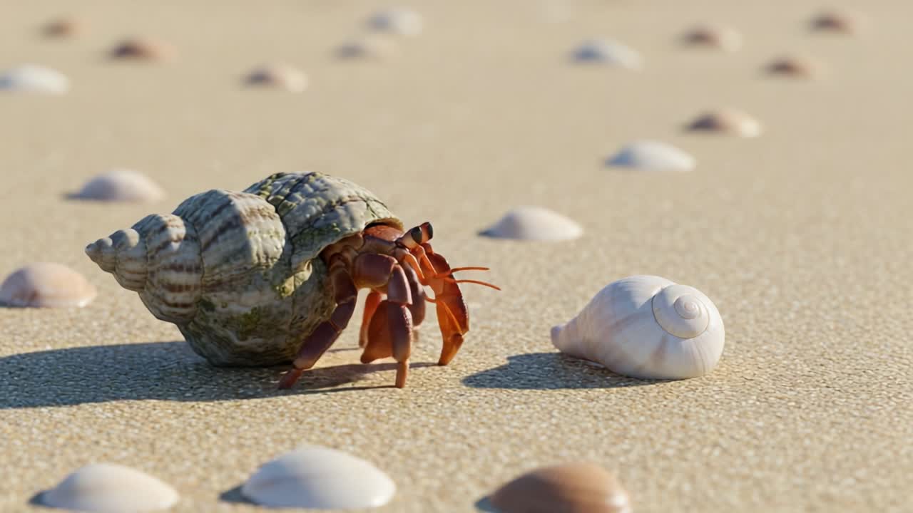 A Hermit Crab Navigating the Sandy Shoreline: The Journey from One Shell to Another Amidst a Collection of Beautiful Seashells