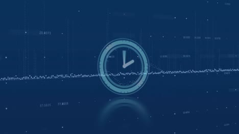 Animation-of-clock-and-data-processing-over-dark-background