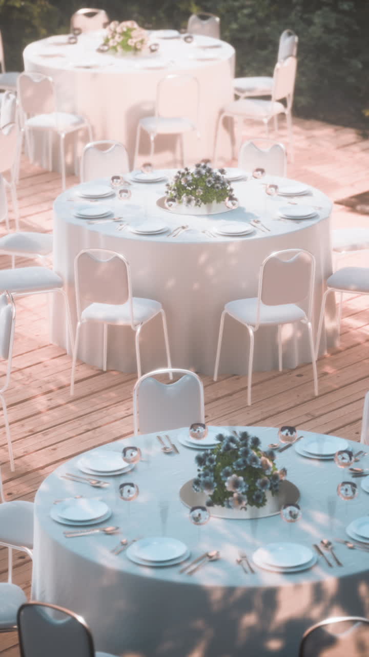 Elegant outdoor wedding reception tables with white tablecloths and ...