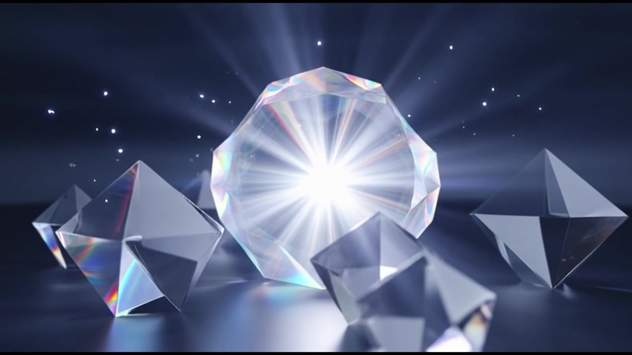 Glödande diamant omgiven av mindre kristaller på mörk bakgrund