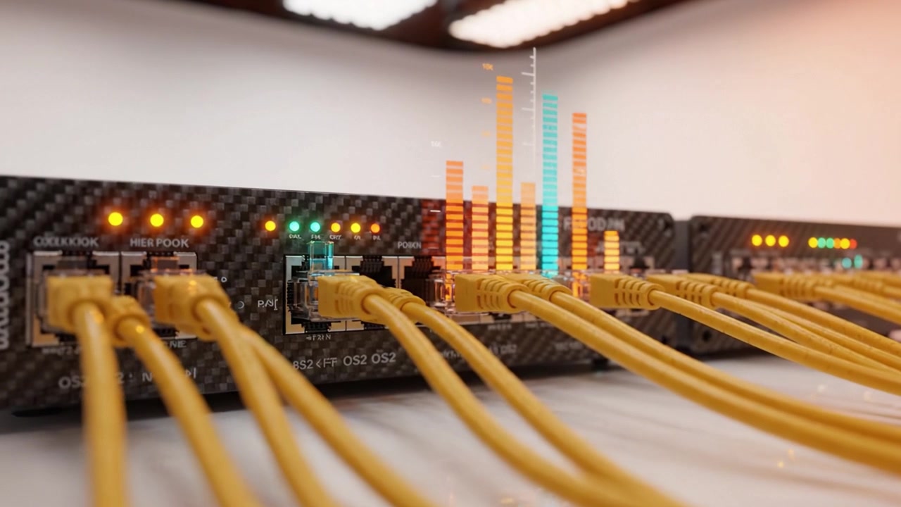 High-Tech Network Connections Showcasing Fiber Optic Cables with Colorful Indicators in a Modern Data Center Setting for Enhanced Data Transmission Reliability