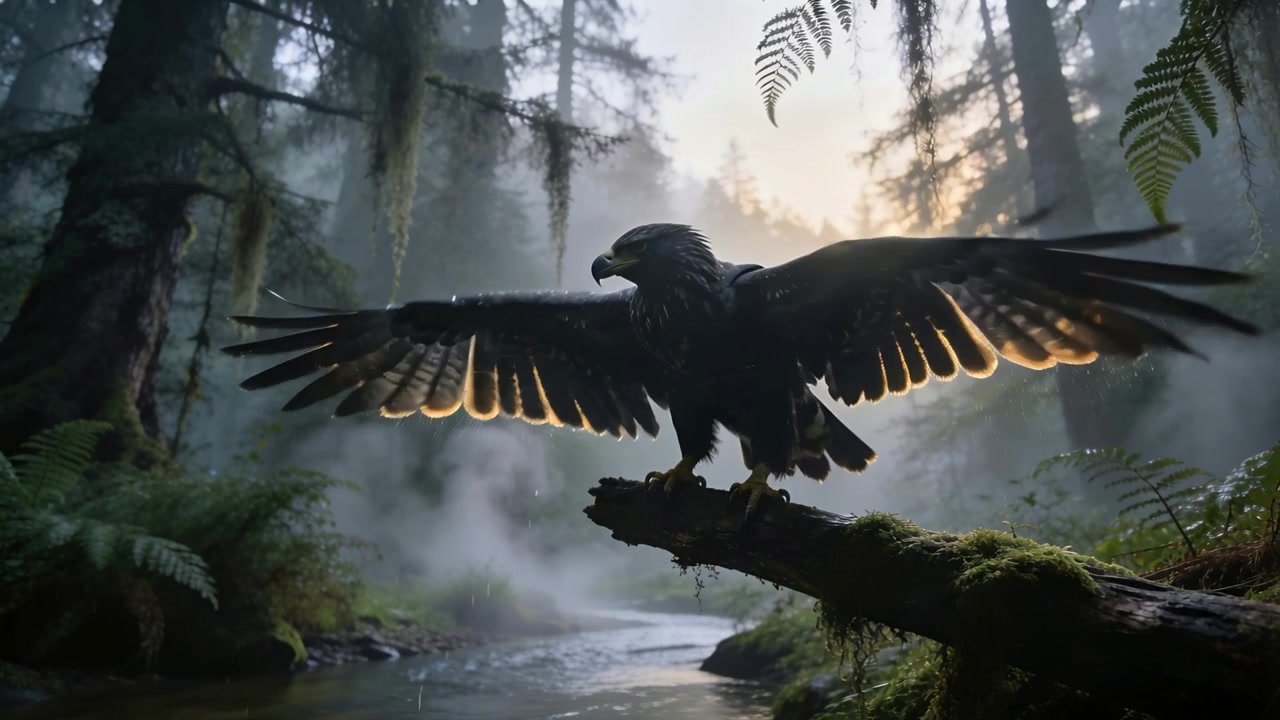 Spreading wings large dark raptor perching on mossy fallen log above shallow stream
