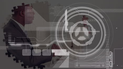 animation of statistics and data processing over businessman handshake