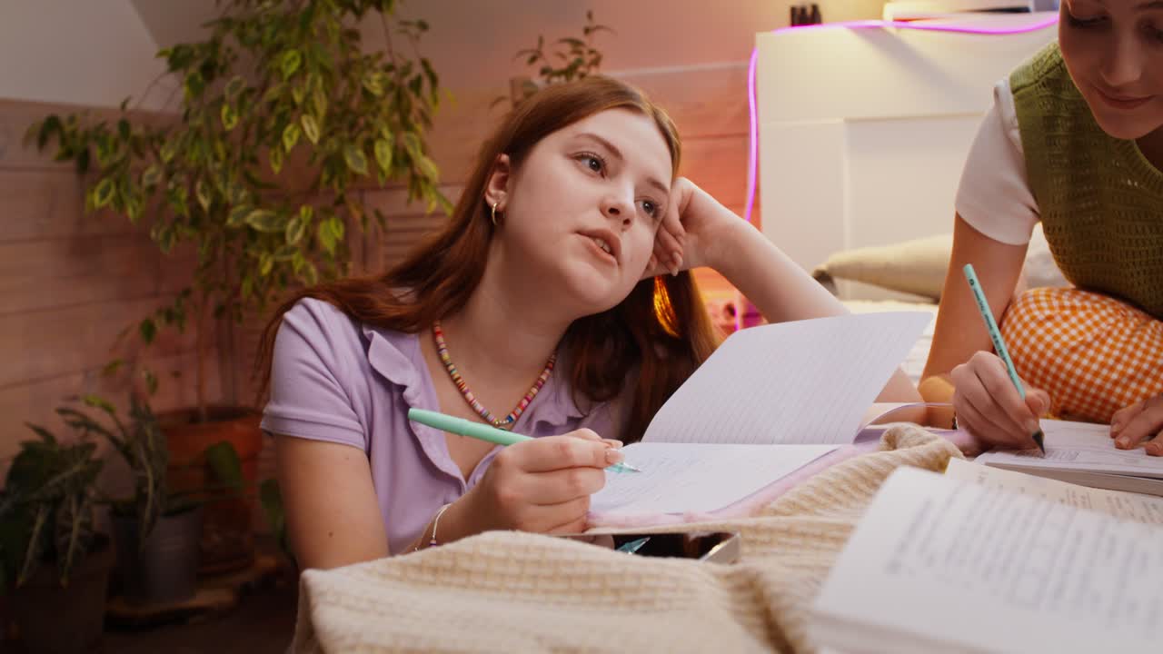 십대 소녀들이 집에서 함께 공부하고 있습니다.