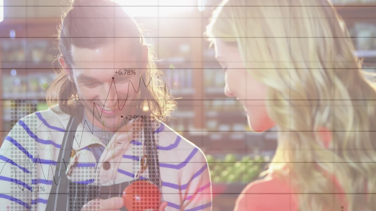 animación de gráficos financieros sobre un feliz vendedor caucásico y una cliente en una tienda de comestibles