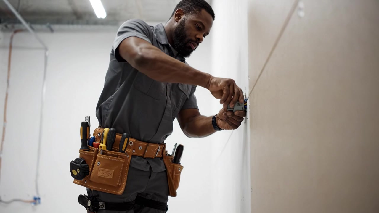 Skilled Technician Working Methodically on Electrical Installation Tasks, Utilizing Tools for Precise Adjustments in a Modern Construction Environment