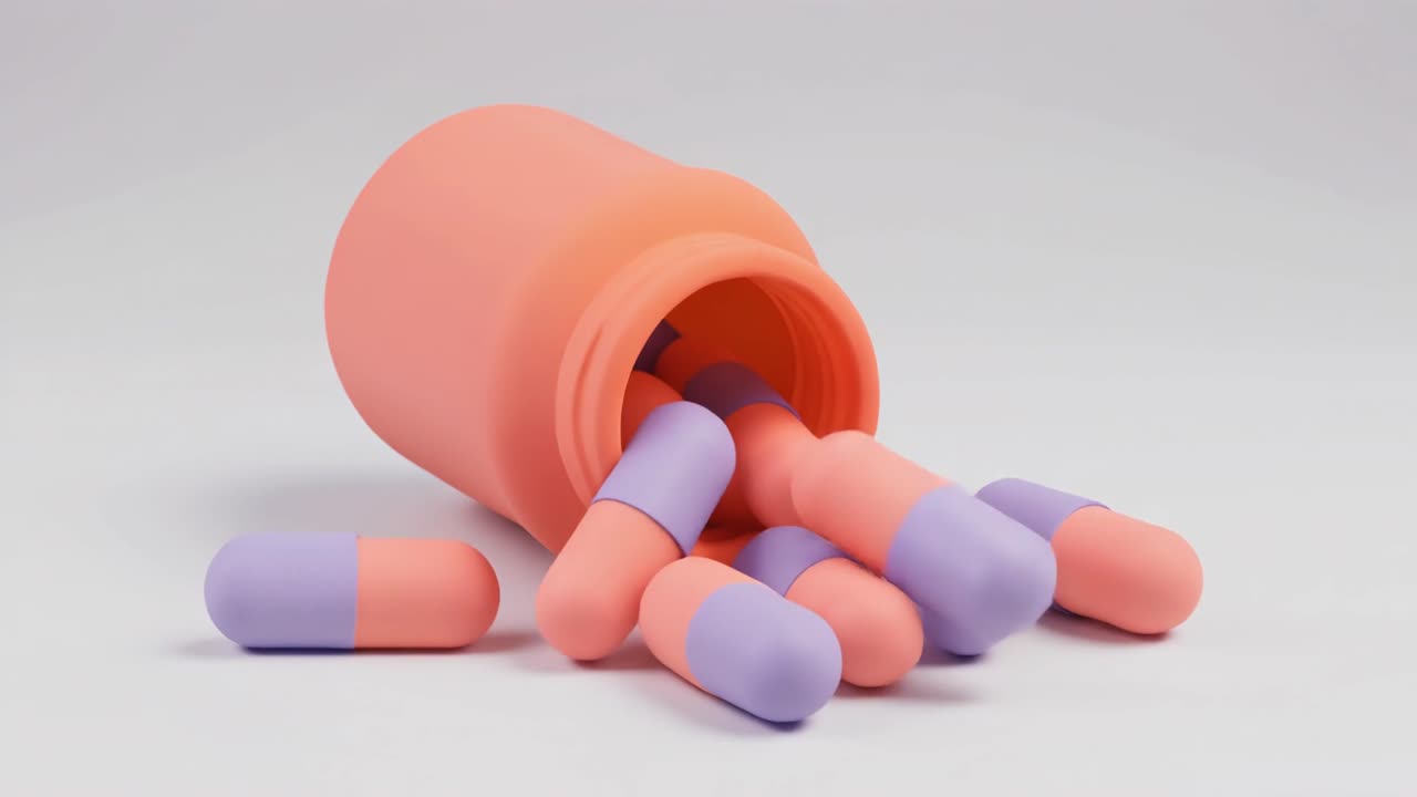 Pillole e capsule colorate che fuoriescono da una bottiglia
