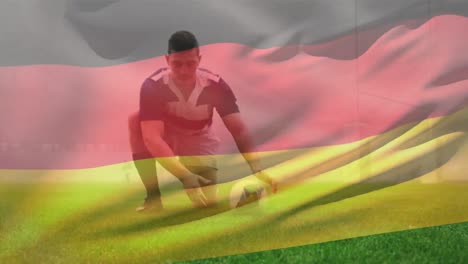 animation of a german flag waving over mixed race male rugby player running