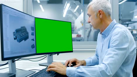 ingeniero industrial senior trabajando en una computadora personal con una pantalla verde en la pantalla de maquetación, está diseñando un nuevo componente en el programa cad. fuera de la fábrica de fabricación de componentes de ventanas de la oficina es visible.