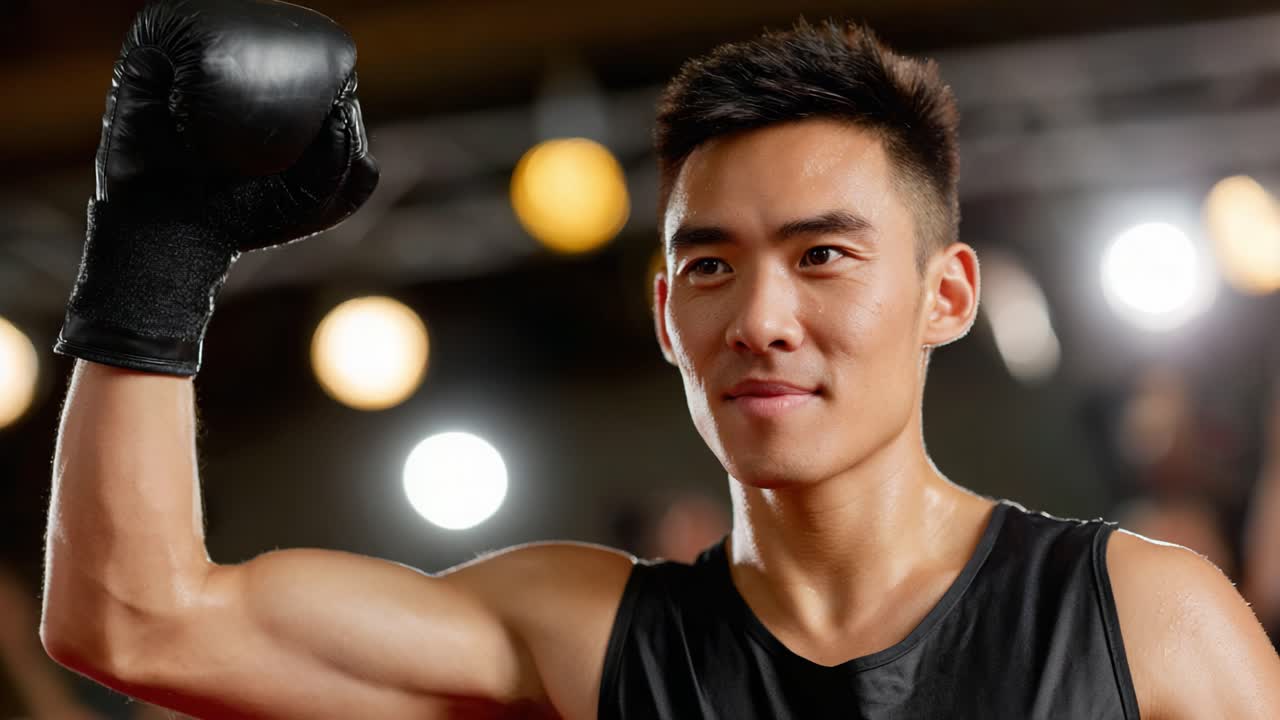 Triumphant Boxer Celebrating Victory in the Ring, Showcasing Strength and Determination Amidst a Dynamic and Energetic Atmosphere