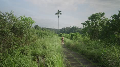 Female-athlete-running-on-Campuhan-ridge-path-in-morning,-Healthy-lifestyle-concept