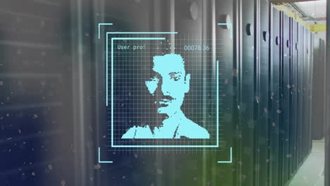 animación de reconocimiento facial digital sobre bastidores de servidores en el centro de datos
