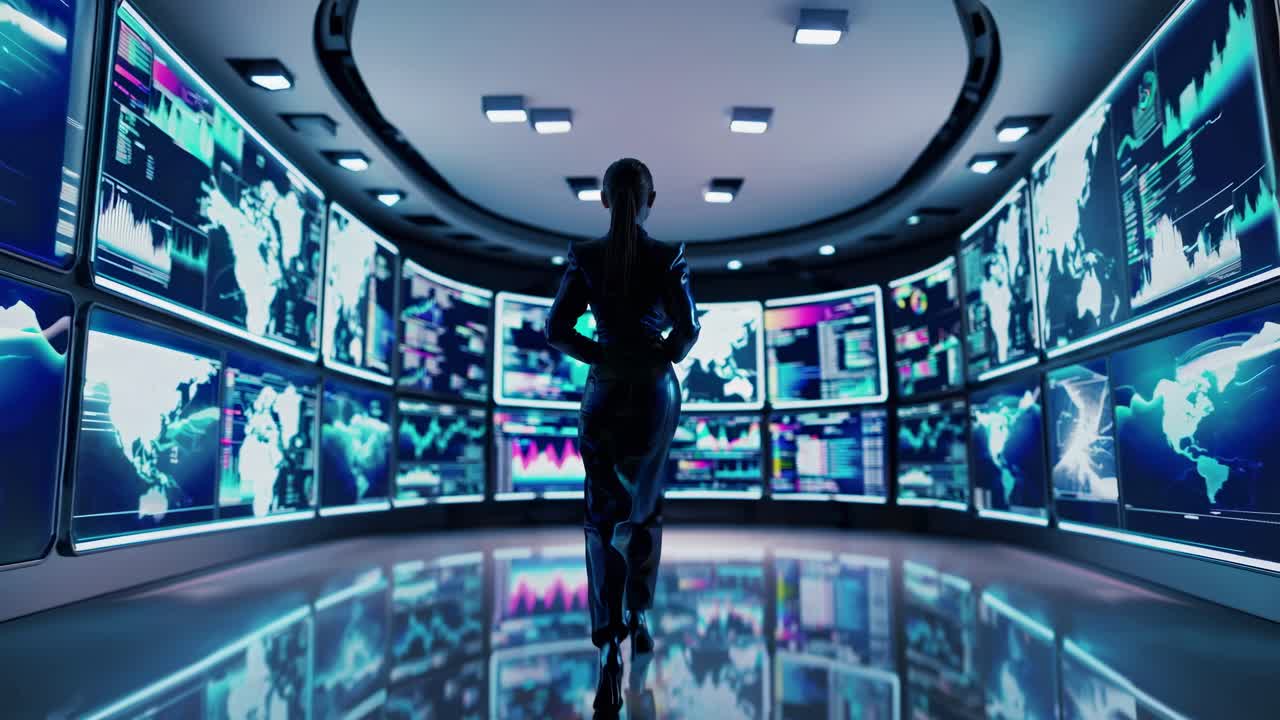 Futuristic control room with multiple screens displaying data. Silhouette of a person stands center