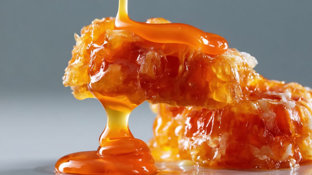 Primo Piano di Favo di Miele Dolce Gocciolante - Una Delizia Visiva che Mostra il Liquido Liscio e Dorato che Scorre dal Favo Fresco, Evidenziandone la Ricca Consistenza e il Colore Vivace
